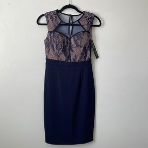Navy and lilac dress with lace and mesh detail